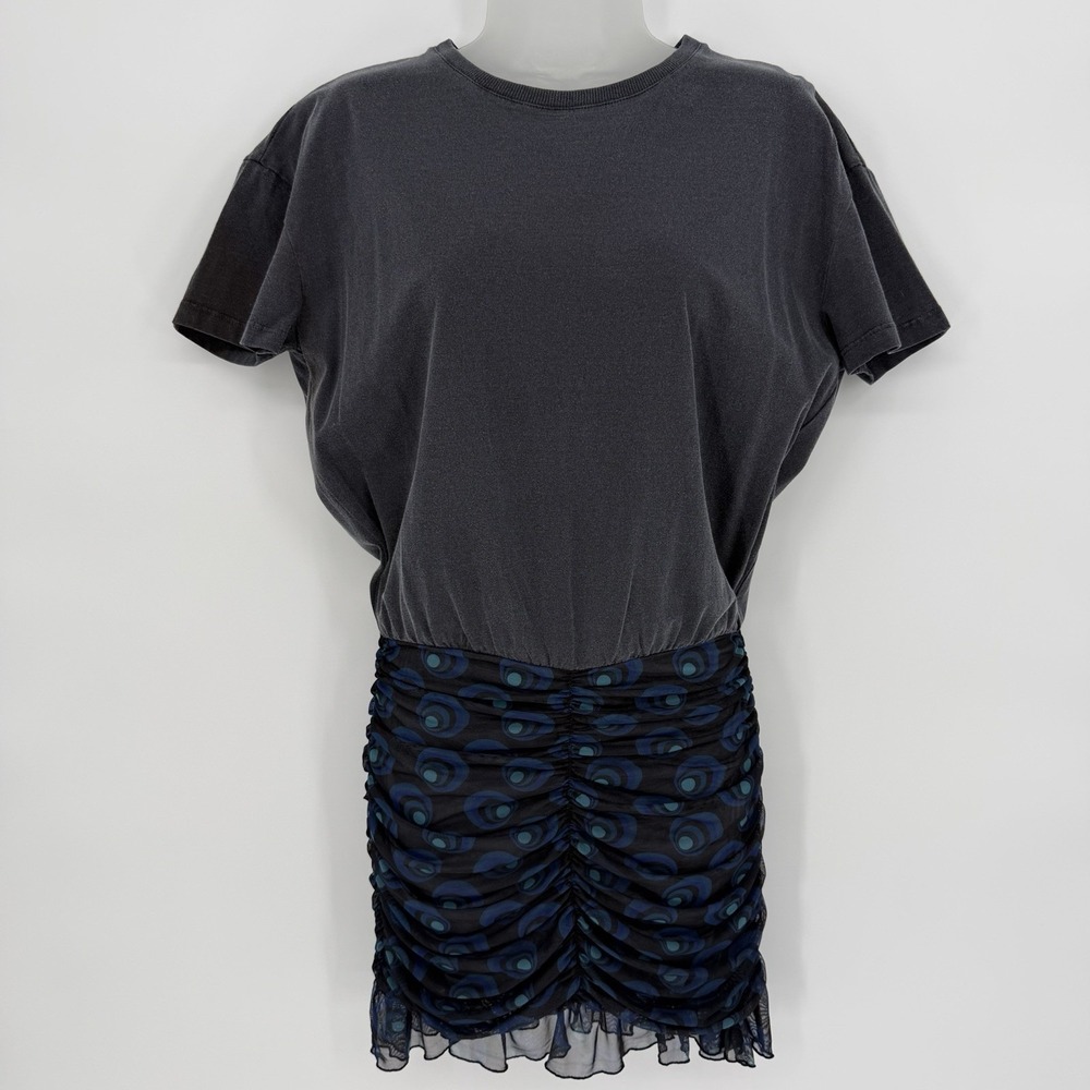 Desigual Sz M Maximalist Botanical Peacock Short Sleeve Casual Mini Ruched Dress - Picture 2 of 7